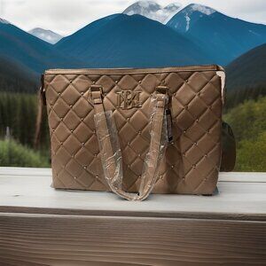 NWT Badgley Mischka Large Taupe Vegan Leather Quilted Shoulder Bag w Zip Top‎